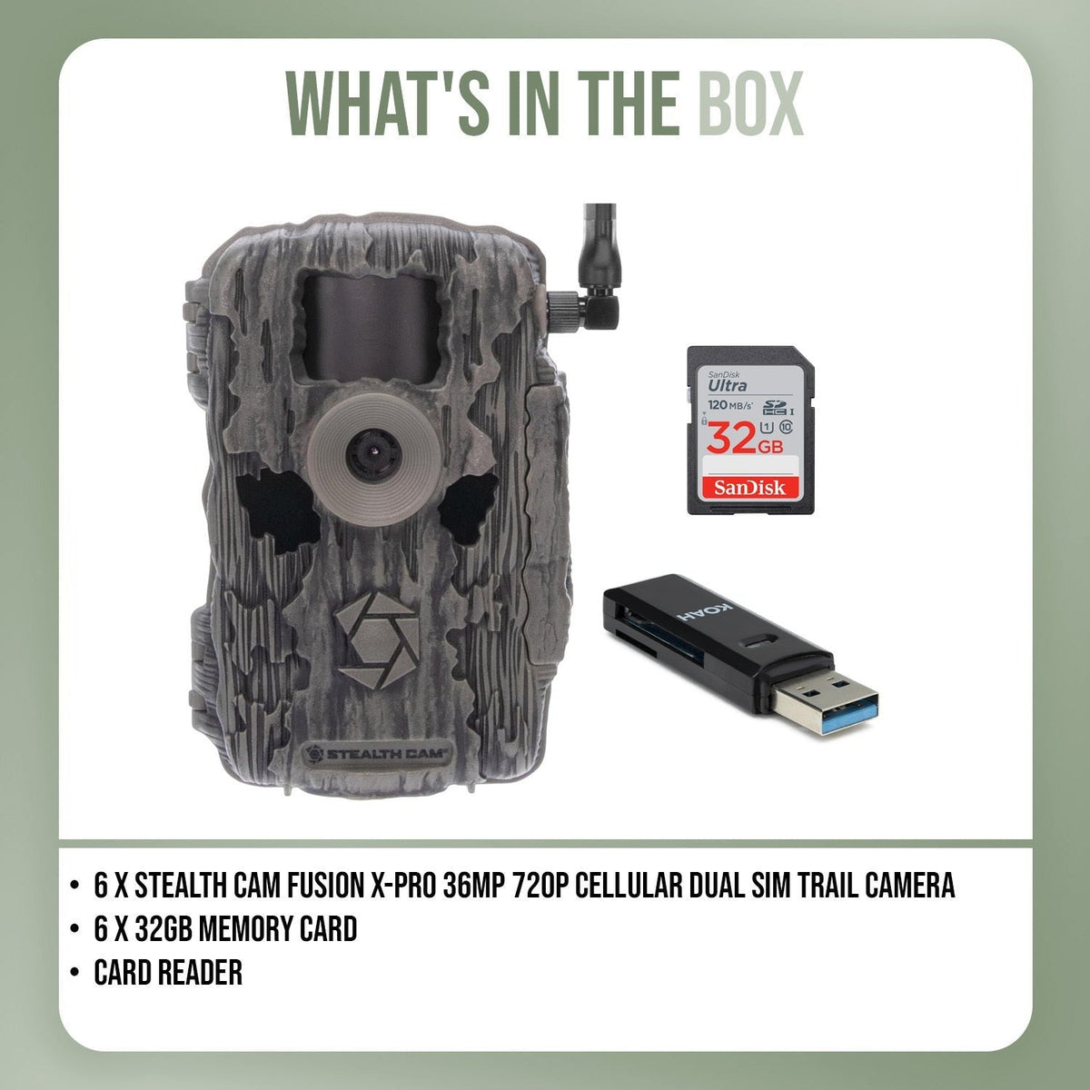 Stealth Cam Fusion X-Pro 36MP 720P Cellular Dual Sim Trail Camera 6-Pack Bundle