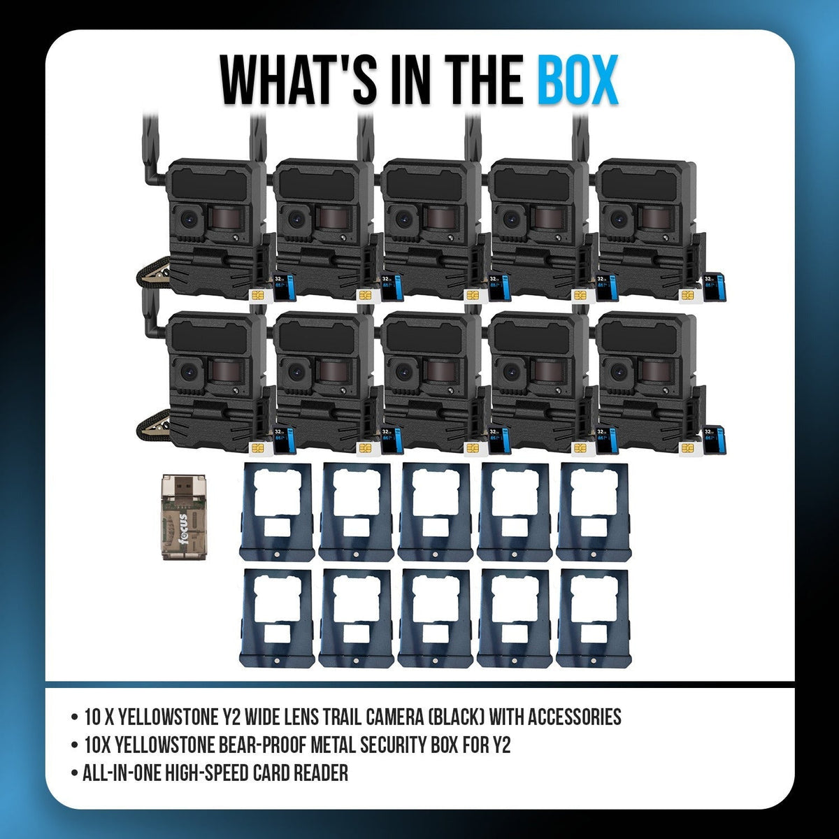 Yellowstone Y2 Black Wide Lens Trail Camera (10-Pack) with Security Box and Accs
