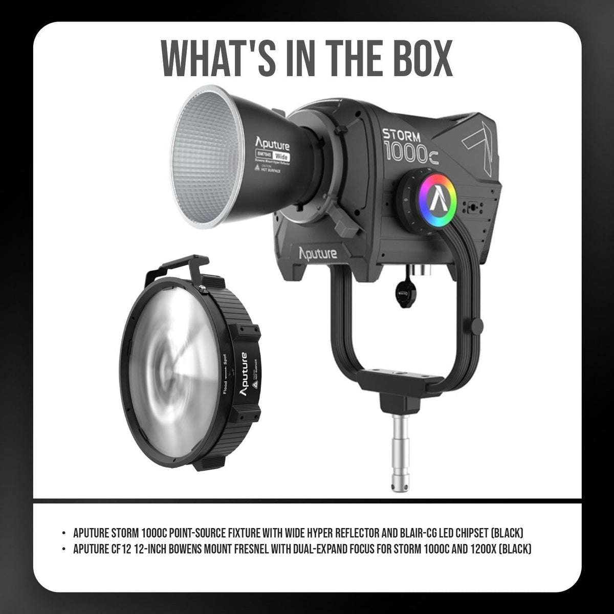 Aputure Storm 1000c Point-Source Fixture with Wide Hyper Reflector (Black) with Fresnel Bundle