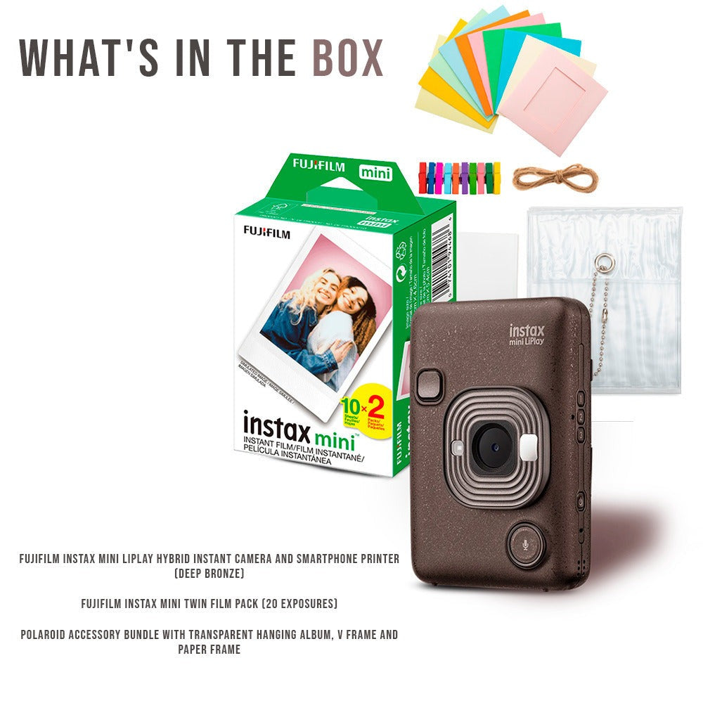 Fujifilm Instax Mini LiPlay Hybrid Instant Camera and Smartphone Printer (Deep Bronze) Bundle