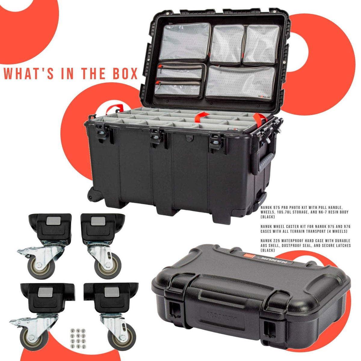 Nanuk 975 Pro Photo Kit with Pull Handle (Black) with Wheel Caster Kit and 225 Hard Case Bundle