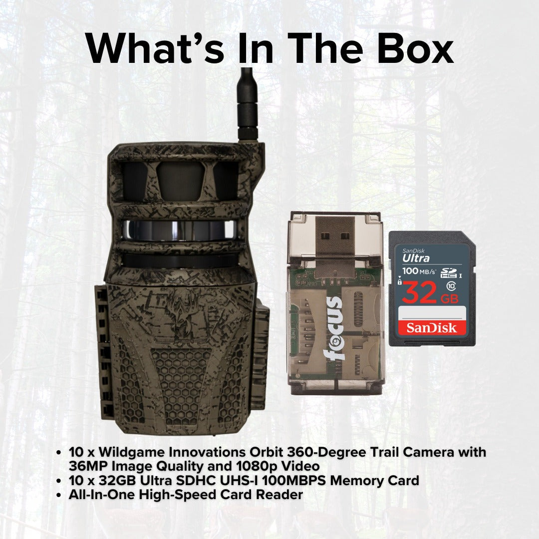 Wildgame Innovations Orbit 360-Degree 36MP Trail Camera (10-Pack) with Memory Card (10-Pack) Bundle