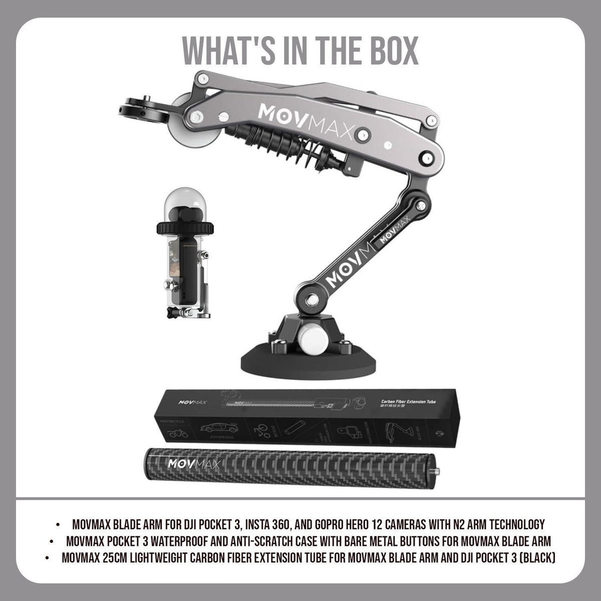 Movmax Blade Arm for DJI Pocket 3, Insta 360, and GoPro HERO 12 Cameras and Extension Tube Bundle