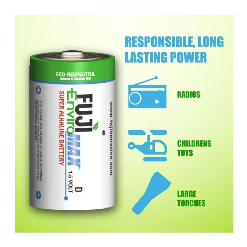 Fuji EnviroMAX D Super 1.5V 4100mAh Alkaline Battery for Clocks, Radios, and Smoke Detector (2-Pack)
