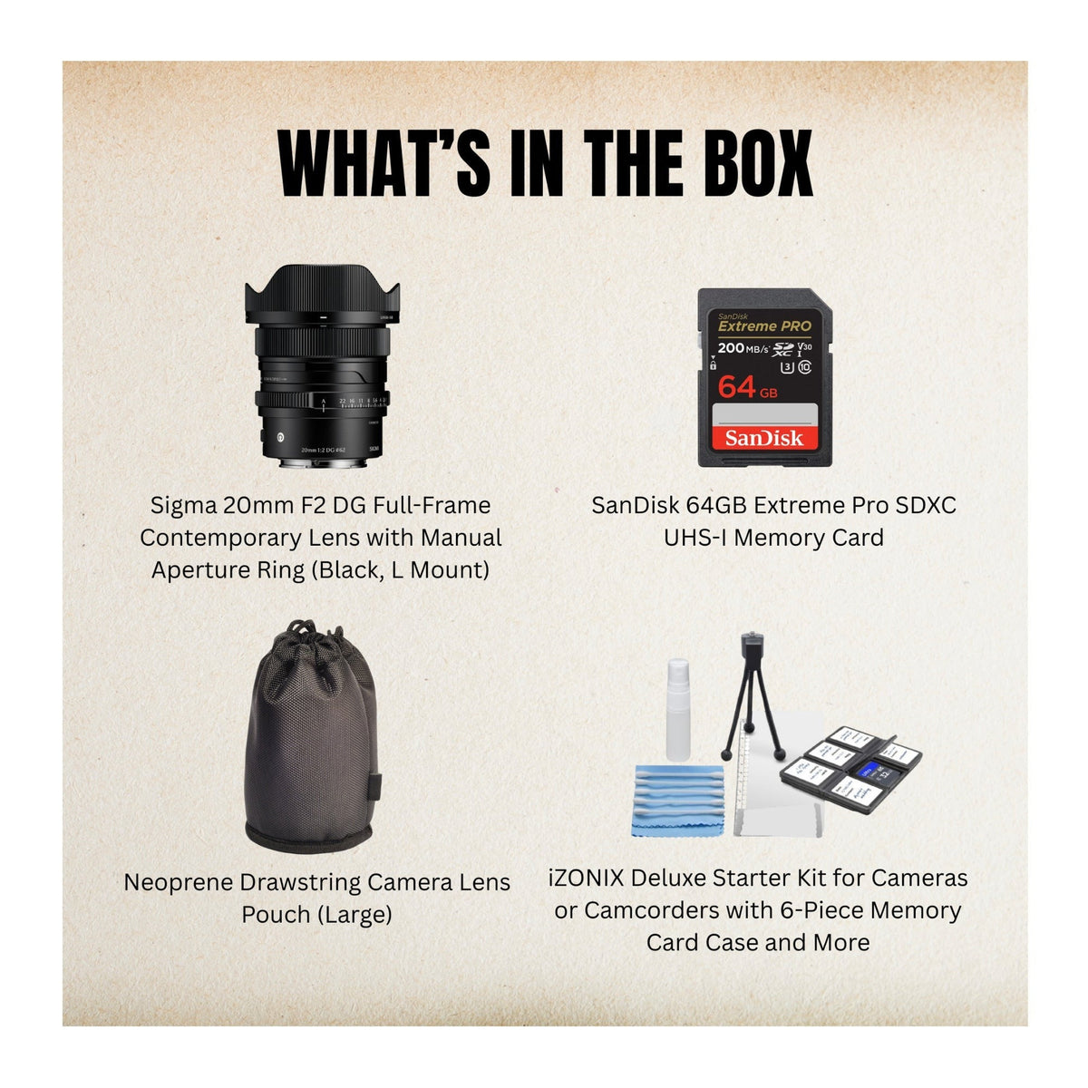 Sigma 20mm F2 DG Full-Frame Contemporary, L Mount (Black) and Accessories Bundle