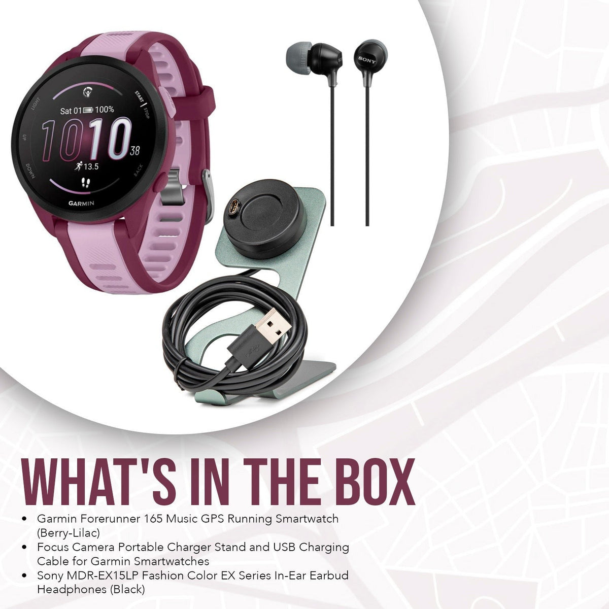 Garmin Forerunner 165 Music GPS Running Smartwatch (Berry-Lilac) with Charger Stand and Cable Bundle