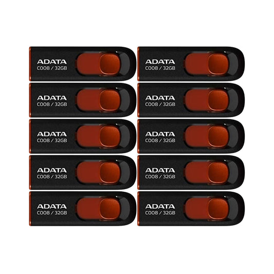 Adata C008 32GB USB 2.0 Retractable Flash Drive (Red) with USB 3.0 to USB-C Adapter (10-Pack)