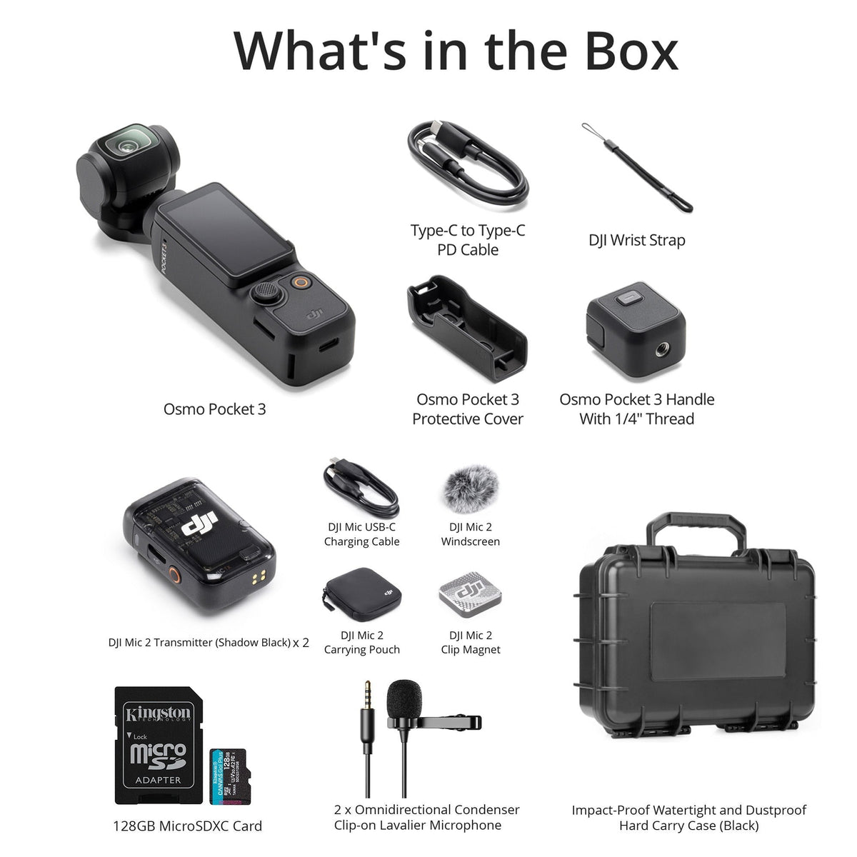 DJI Osmo Pocket 3 with Two Mic 2 (1 TX,) Two (2) Lav Mics, 128GB MicroSD Card, and Hard Case