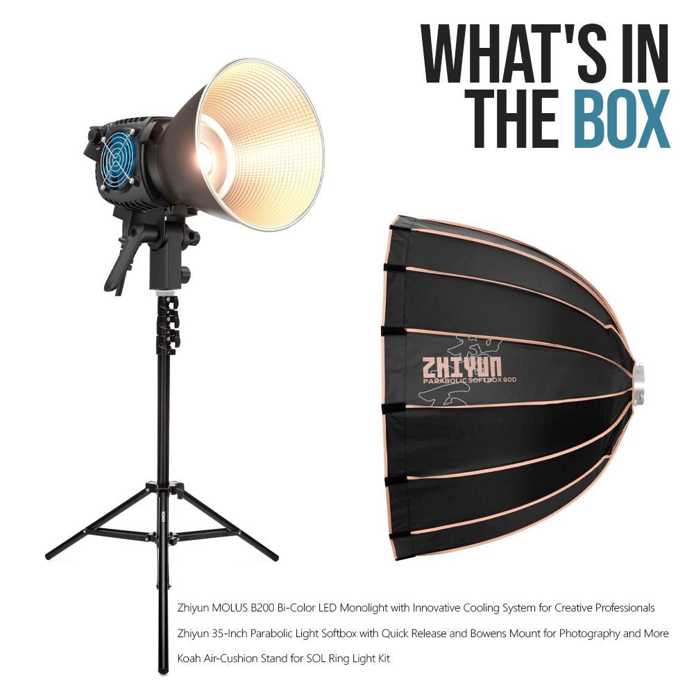 Zhiyun Molus B200 Bi-Color LED Monolight with Zhiyun 3-Feet 90D Parabolic Softbox Bundle