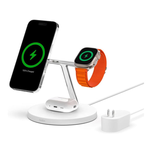Belkin MagSafe 3-in-1 Wireless Charging Stand for iPhone 16/15/14/13/12 (White)