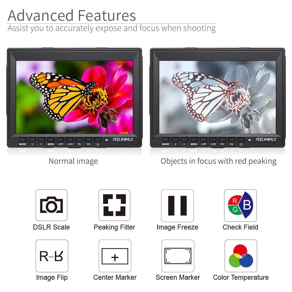FeelWorld FW759 7" IPS On-Camera Monitor Monitor with Cleaning Kit, and HDMI Cable
